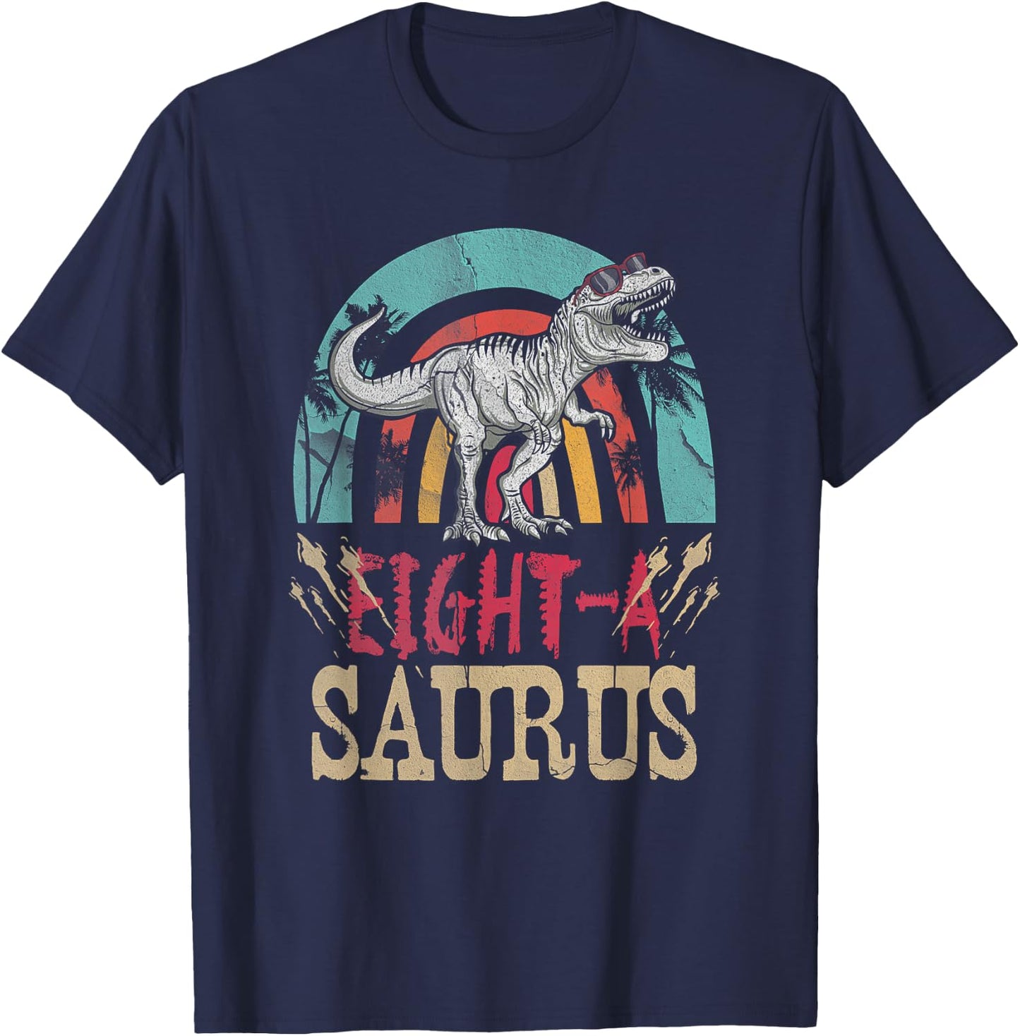 Kid 8 Year Old Dinosaur Birthday 8th T Rex Dino Eight Saurus T-Shirt - T-Shirt | Navy