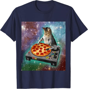 Outer Space Galaxy Universe Cat Pizza DJ Funny Cute Cosmic T-Shirt - T-Shirt | Navy