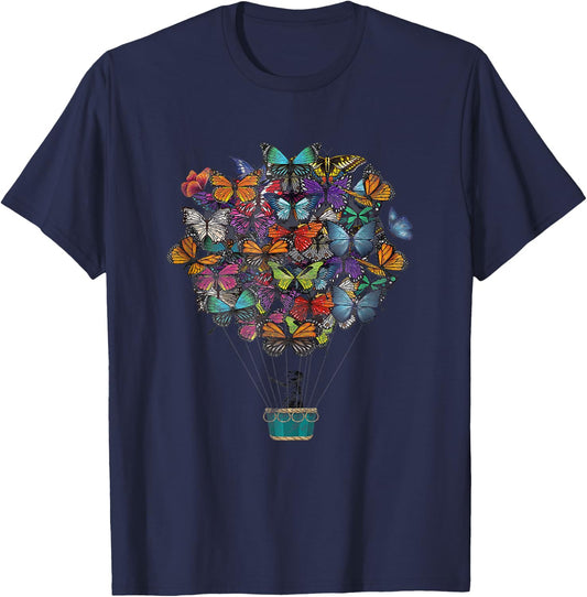 Multicolored Morpho Butterflies Hot-Air Balloon Print T-Shirt - T-Shirt | Navy