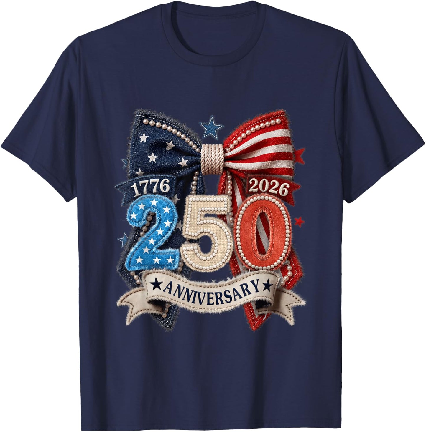 American Flag Bow 250th Anniversary Patriotic Women Pride T-Shirt - T-Shirt | Navy