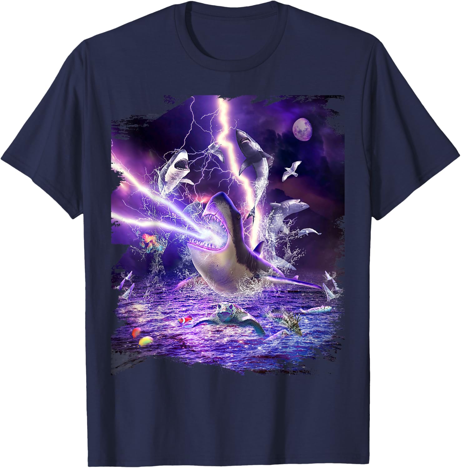 Lightning Shark Sharks Funny T-Shirt - T-Shirt | Navy
