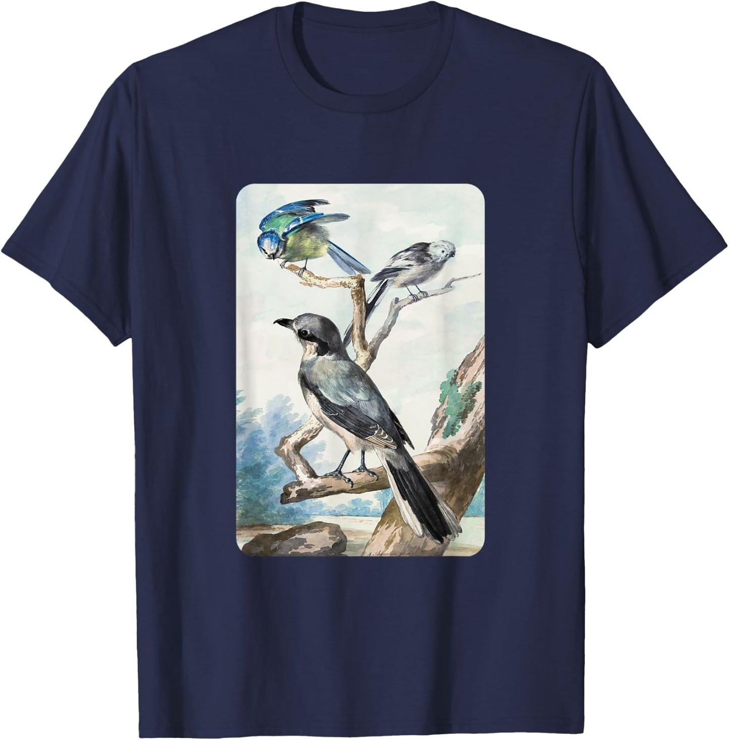 Long-tailed Tit Blue Tit and Great Shrike By Aert Schouman T-Shirt - T-Shirt | Navy