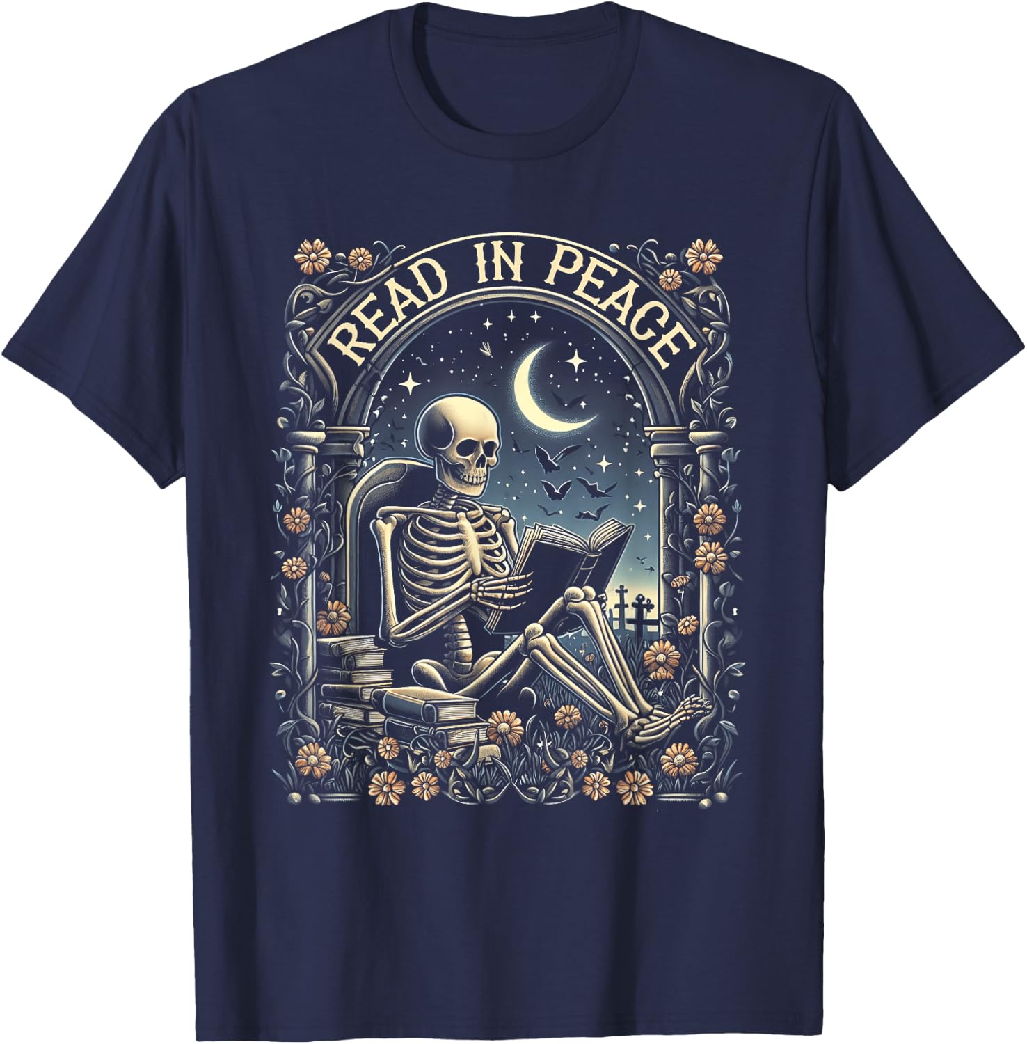 Read In Peace Skeleton Reading Teacher Halloween Book Lover T-Shirt - T-Shirt | Navy