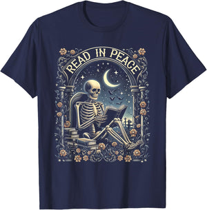 Read In Peace Skeleton Reading Teacher Halloween Book Lover T-Shirt - T-Shirt | Navy