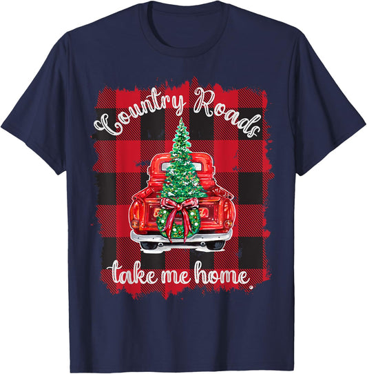 Christmas Buffalo Truck Red Plaid Country Roads Take Me Home T-Shirt - T-Shirt | Navy
