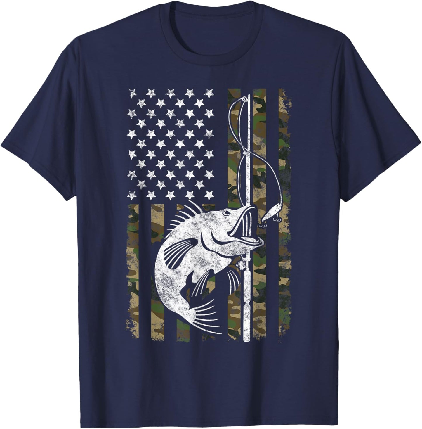 Camouflage American Flag Bass Fishing Gift Fisherman T-Shirt - T-Shirt | Navy