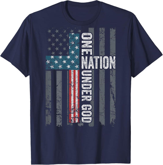 ONE NATION UNDER GOD - USA Cross Flag Christian - ON BACK T-Shirt - T-Shirt | Navy