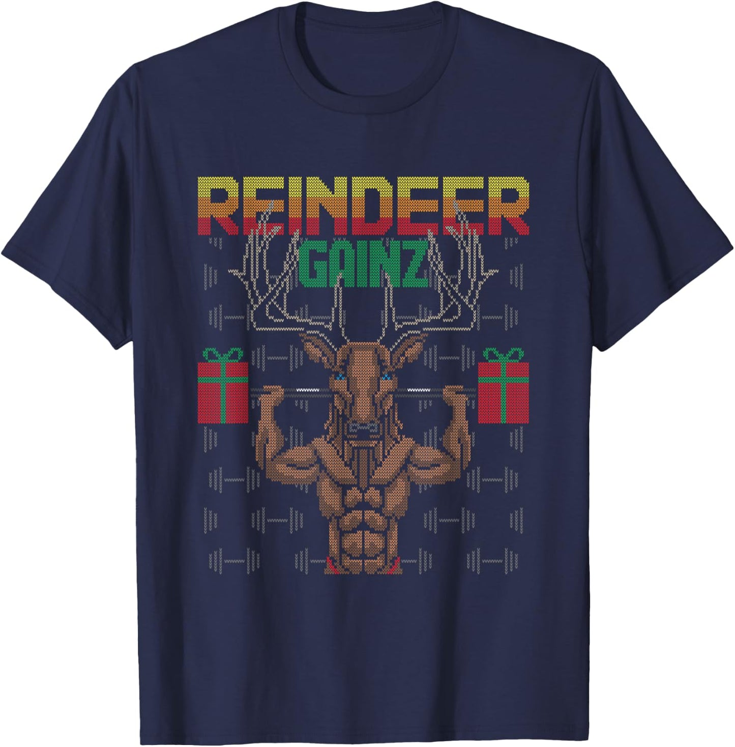 Reindeer Gainz Brodolf Ugly Christmas Sweater Gym Workout T-Shirt - T-Shirt | Navy