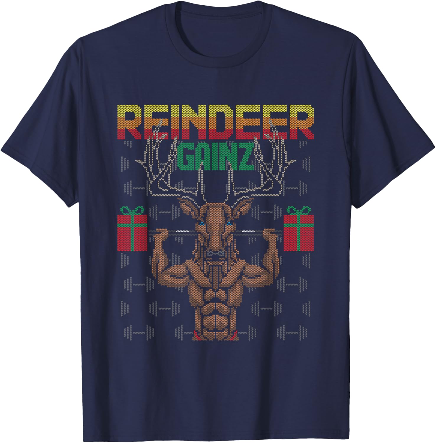 Reindeer Gainz Brodolf Ugly Christmas Sweater Gym Workout T-Shirt - T-Shirt | Navy