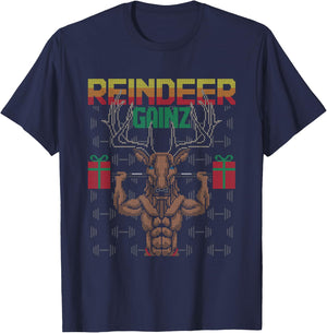 Reindeer Gainz Brodolf Ugly Christmas Sweater Gym Workout T-Shirt - T-Shirt | Navy