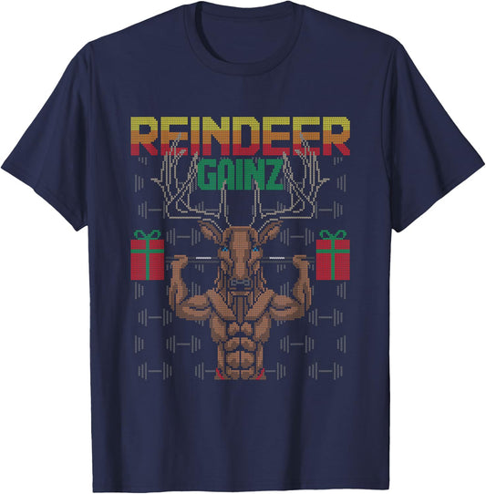 Reindeer Gainz Brodolf Ugly Christmas Sweater Gym Workout T-Shirt - T-Shirt | Navy