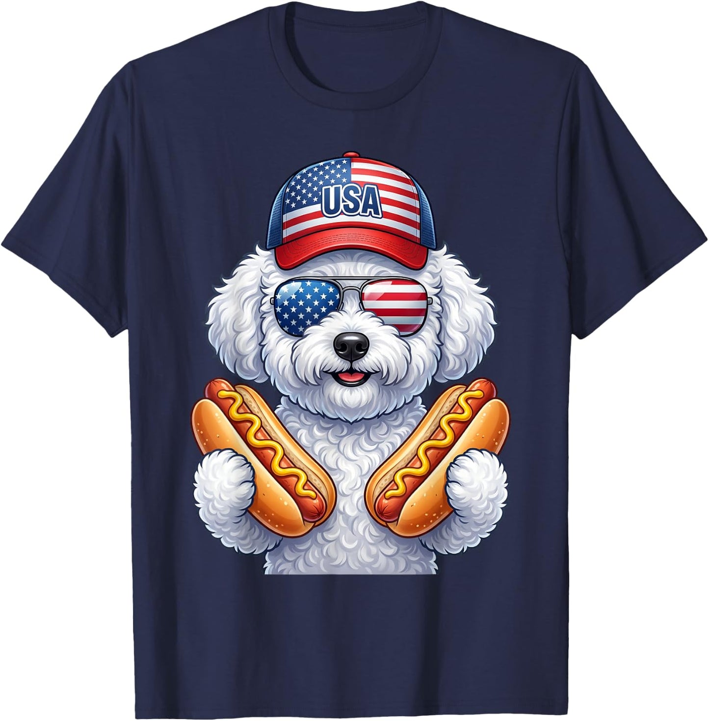 4th of July Hotdog Bichon Frise Funny Patriotic USA Flag T-Shirt - T-Shirt | Navy