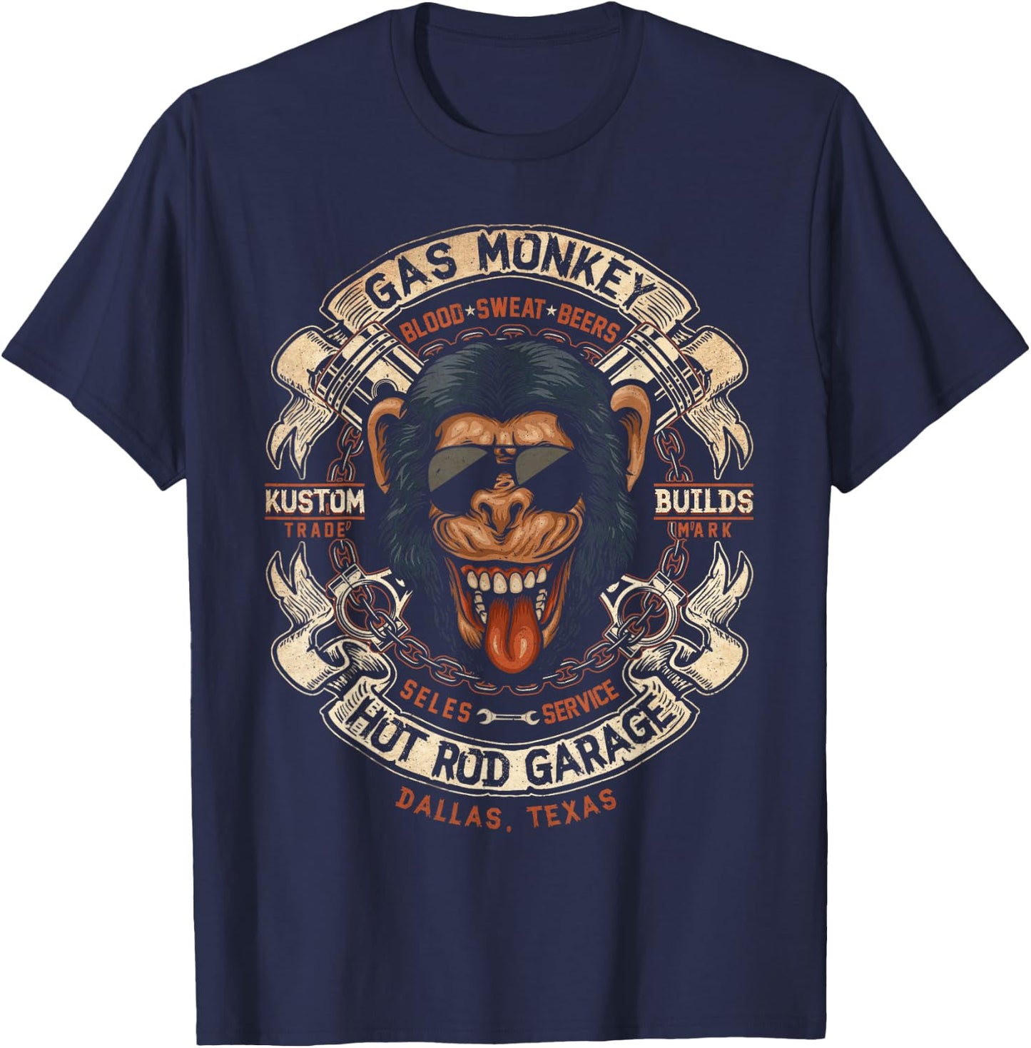 Monkey Gas Crossed Pistons Ribbon Logo Small T-Shirt - T-Shirt | Navy