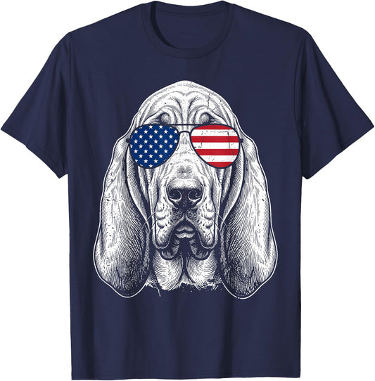 Patriotic Bloodhound Retro USA Flag Sunglasses Dog Lover T-Shirt - T-Shirt | Navy