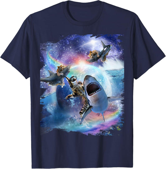 Rainbow Galaxy Cat Riding Shark in Space T-Shirt - T-Shirt | Navy