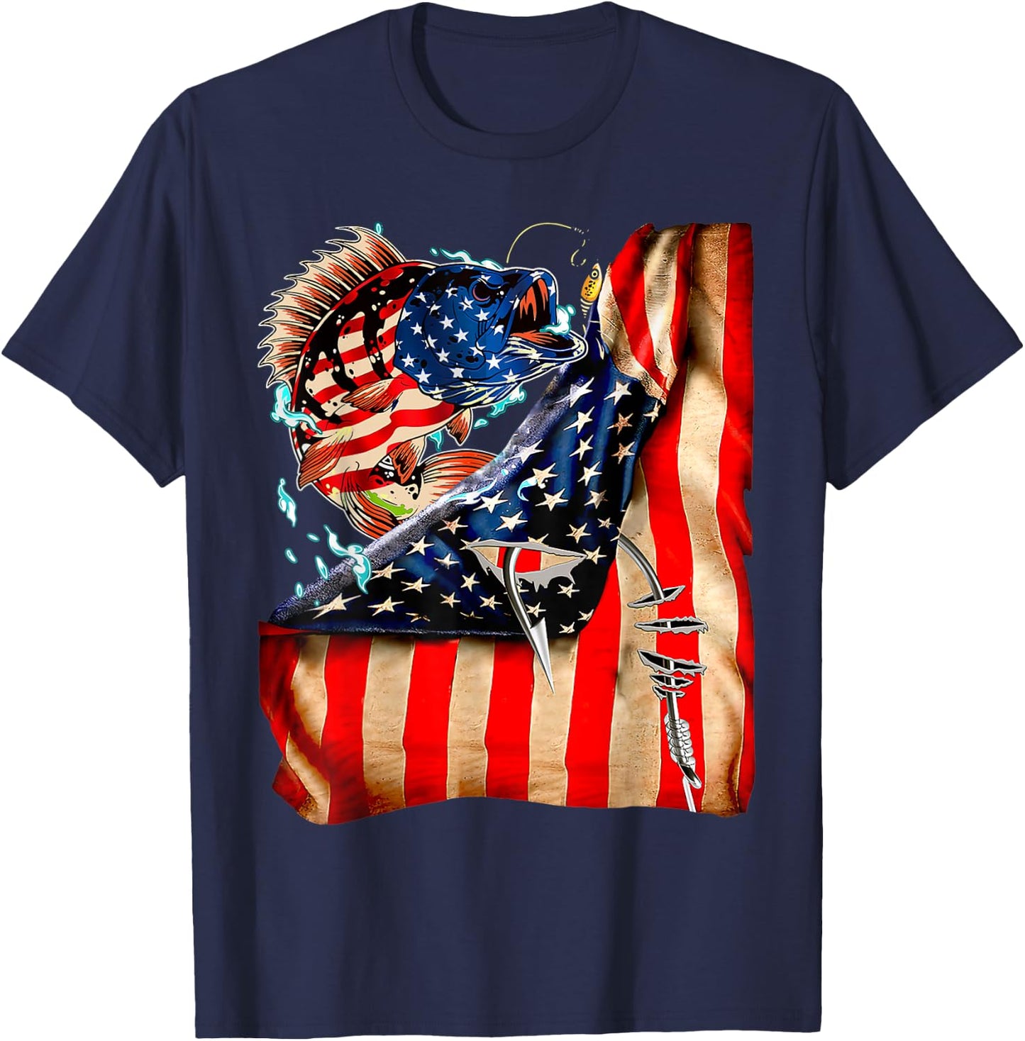 FUNNY 4th of JULY FISHING Fish American Flag ON BACK 98 T-Shirt - T-Shirt | Navy