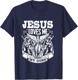 Pro Gun Jesus Loves Me And My Guns Shirt T-Shirt - T-Shirt | Navy