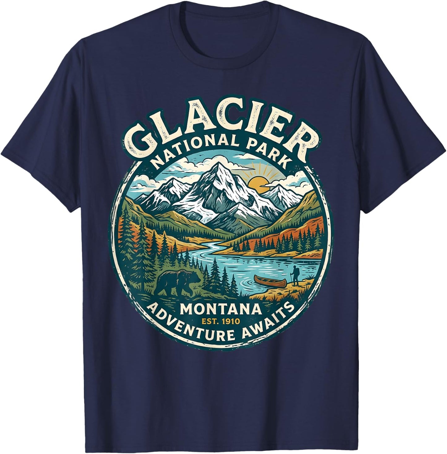 Glacier National Park Montana Retro Nature Adventure Badge T-Shirt - T-Shirt | Navy