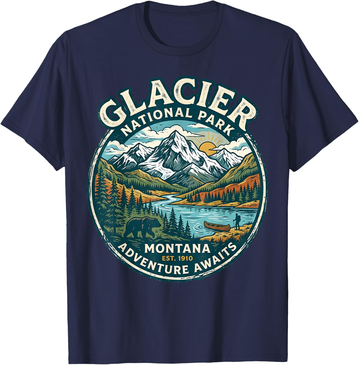Glacier National Park Montana Retro Nature Adventure Badge T-Shirt - T-Shirt | Navy