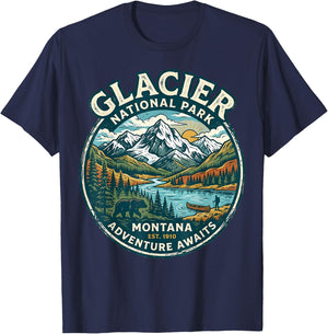 Glacier National Park Montana Retro Nature Adventure Badge T-Shirt - T-Shirt | Navy