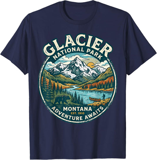 Glacier National Park Montana Retro Nature Adventure Badge T-Shirt - T-Shirt | Navy