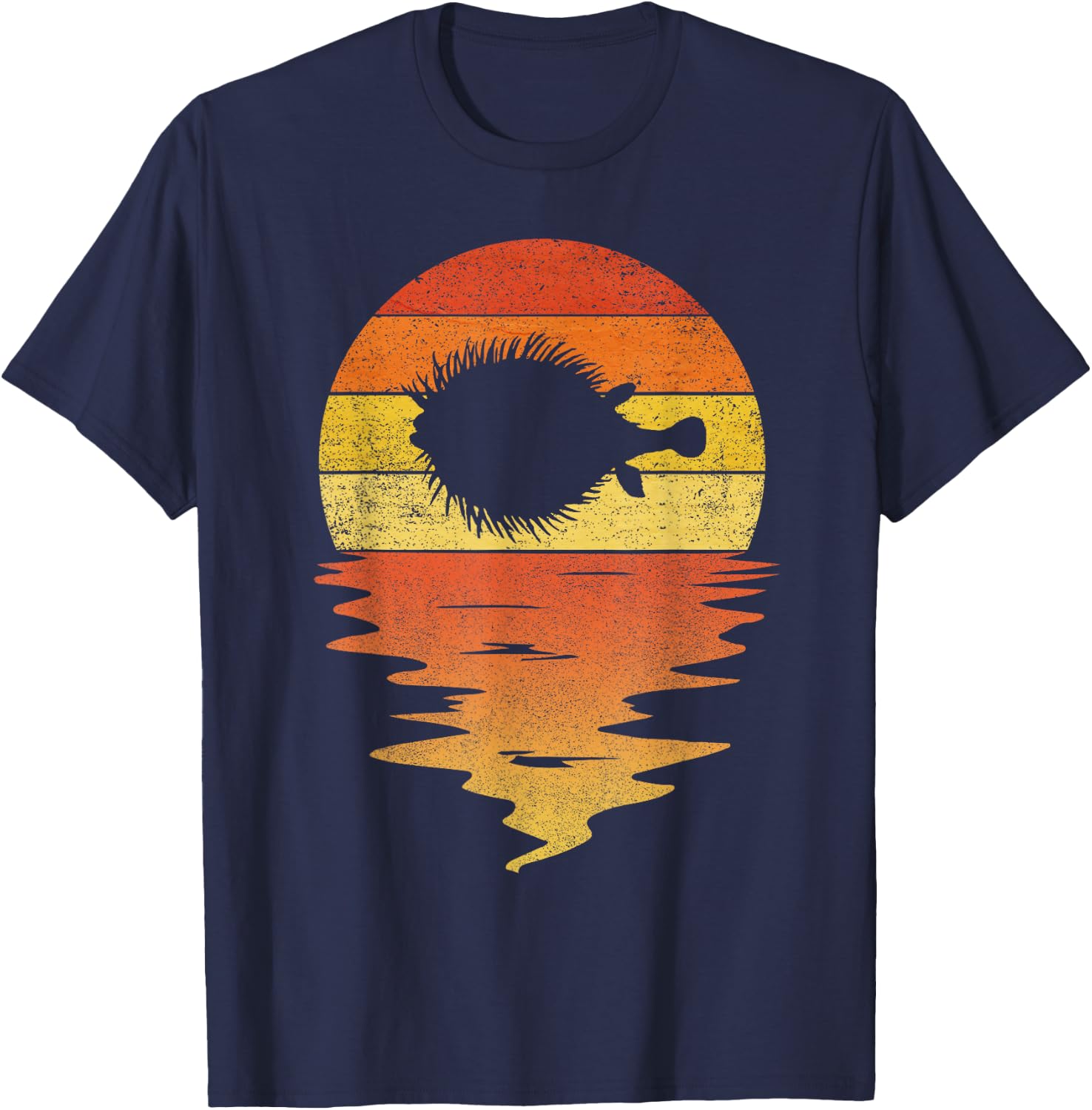 Sea Pufferfish shirt retro sunset 70s vintage puffer fish T-Shirt - T-Shirt | Navy