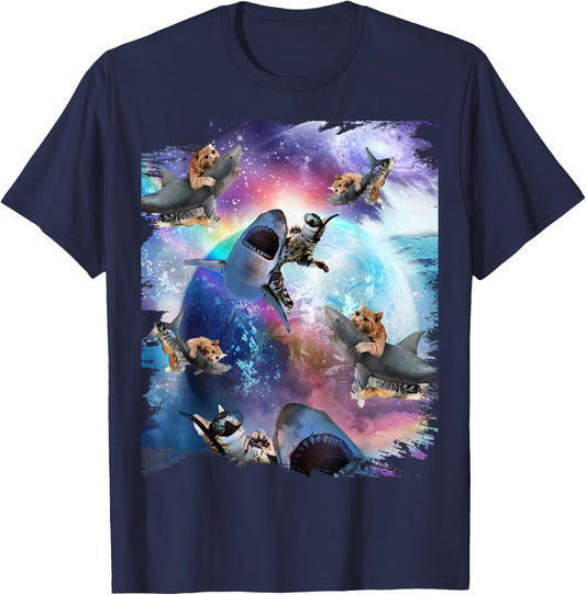 Space Cat Riding Shark Galaxy Rainbow Cats on Sharks Women Kids T-Shirt - T-Shirt | Navy