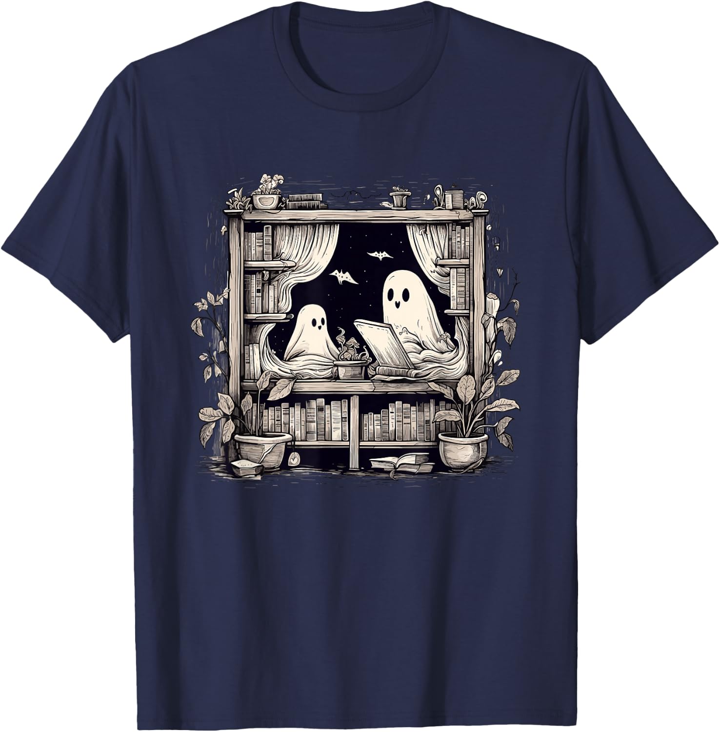 Spooky Ghosts Reading Books Library Bookworm Retro Bookish T-Shirt - T-Shirt | Navy