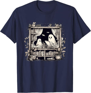 Spooky Ghosts Reading Books Library Bookworm Retro Bookish T-Shirt - T-Shirt | Navy