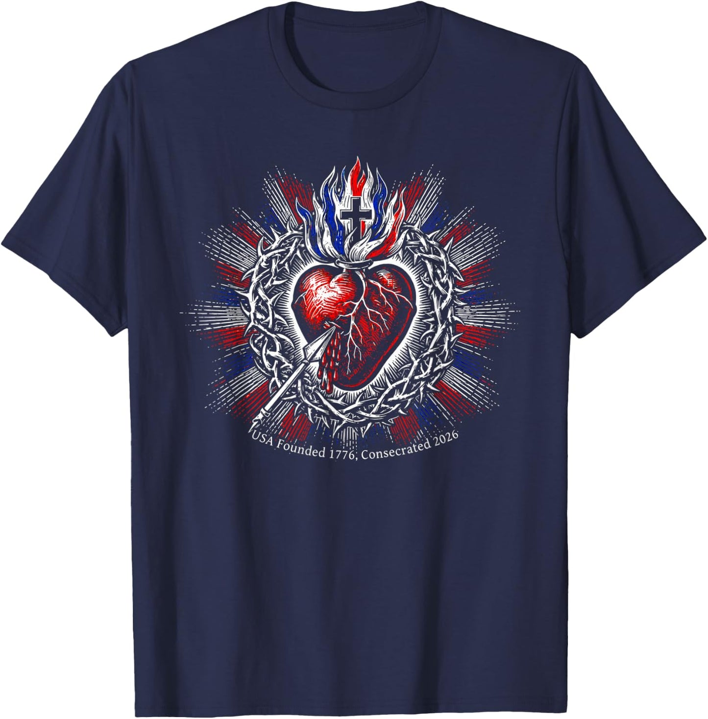 USA Founded 1776 Consecrated 2026 Holy Heart Catholic Art T-Shirt - T-Shirt | Navy