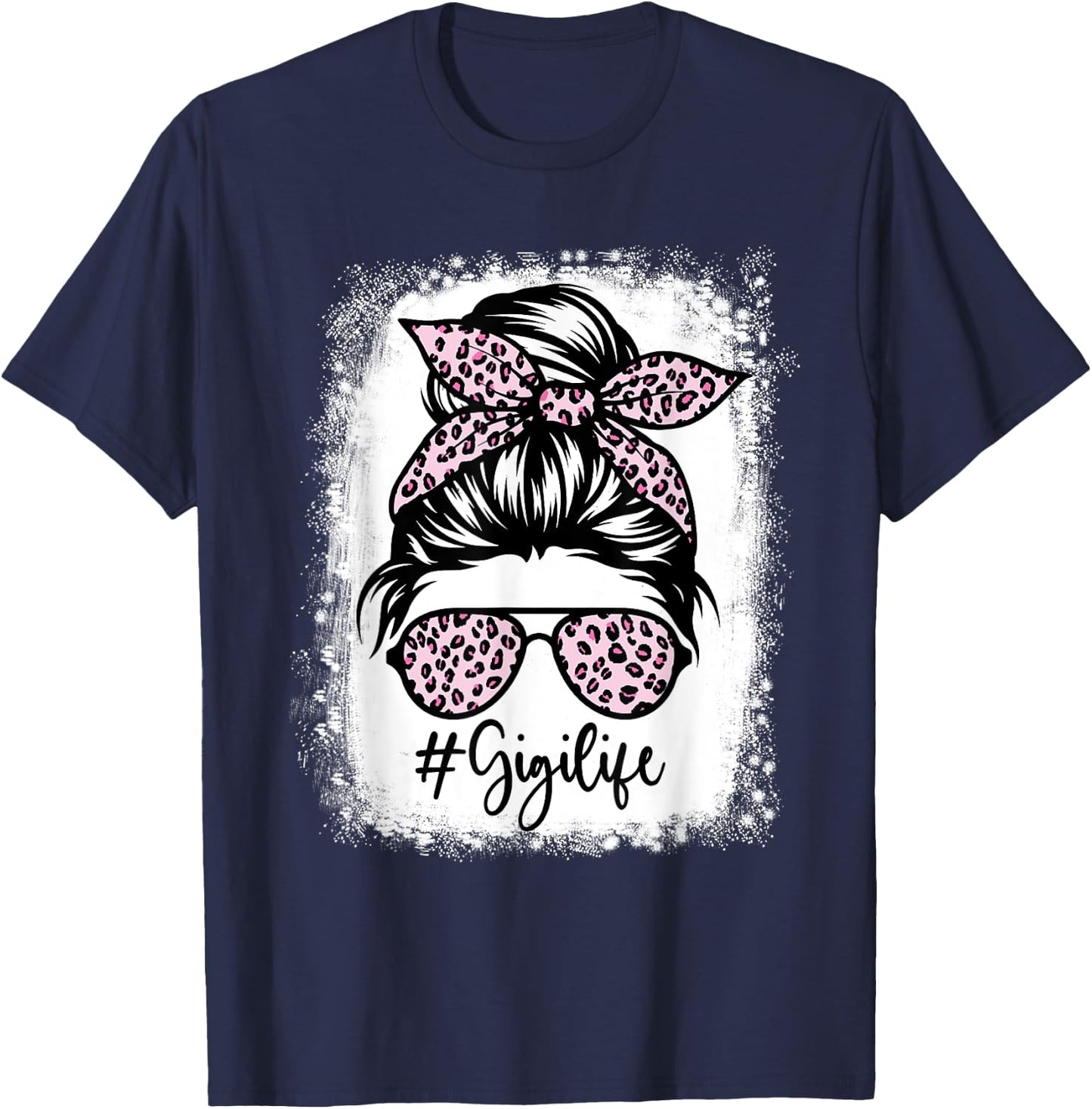 Bleached Gigi Life Messy Bun Leopard Print Mothers Day T-Shirt - T-Shirt | Navy