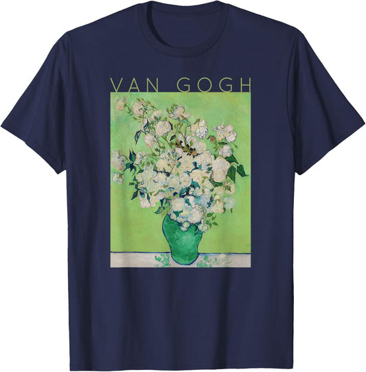 Vincent Van Gogh Roses Art Spring - Flowers on Green T-Shirt - T-Shirt | Navy