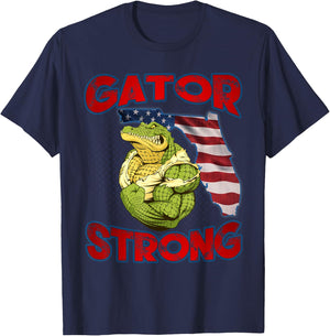 Gator Strong Florida State Gator American Flag Florida Map Women Kids Men T-Shirt - T-Shirt | Navy