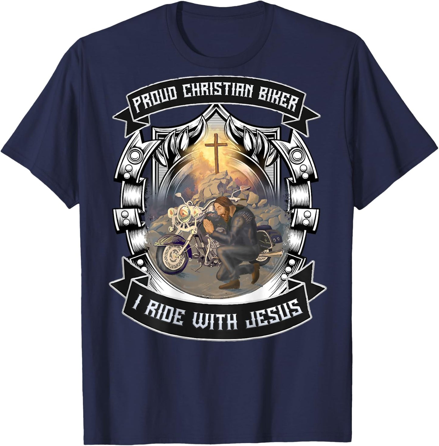 Christian Biker I Ride With Jesus Artwork Motorcycle Prayer T-Shirt - T-Shirt | Navy