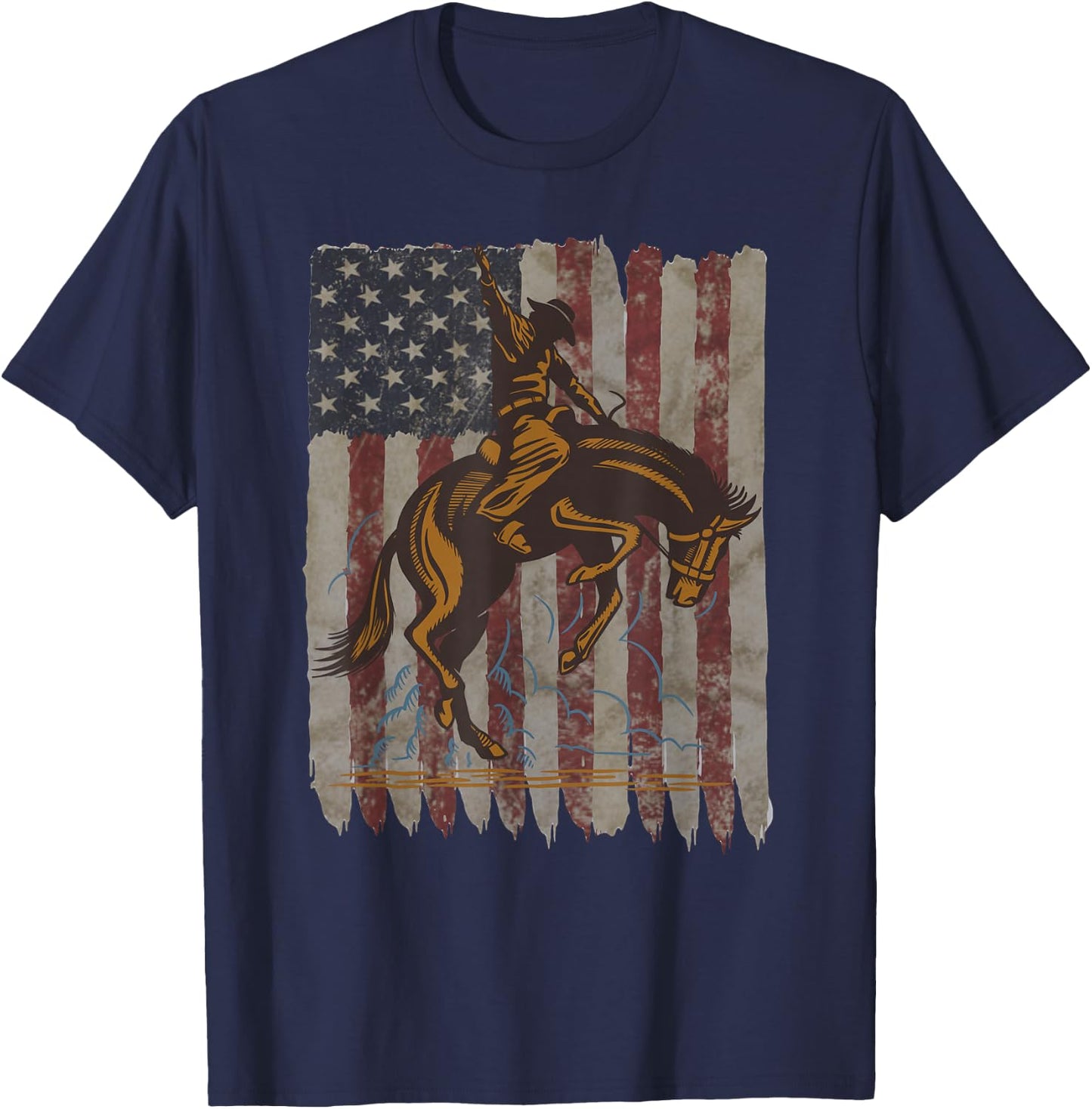 Patriotic Rodeo Bronc Rider American Flag Cowboys Riding T-Shirt - T-Shirt | Navy