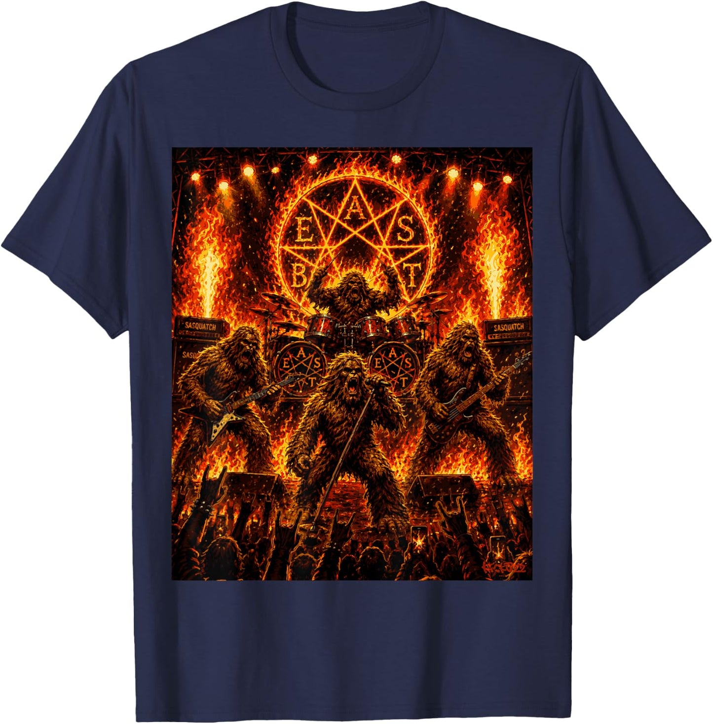 Bigfoot Heavy Metalband Beast - Sasquatch Rock Concert Comic T-Shirt - T-Shirt | Navy