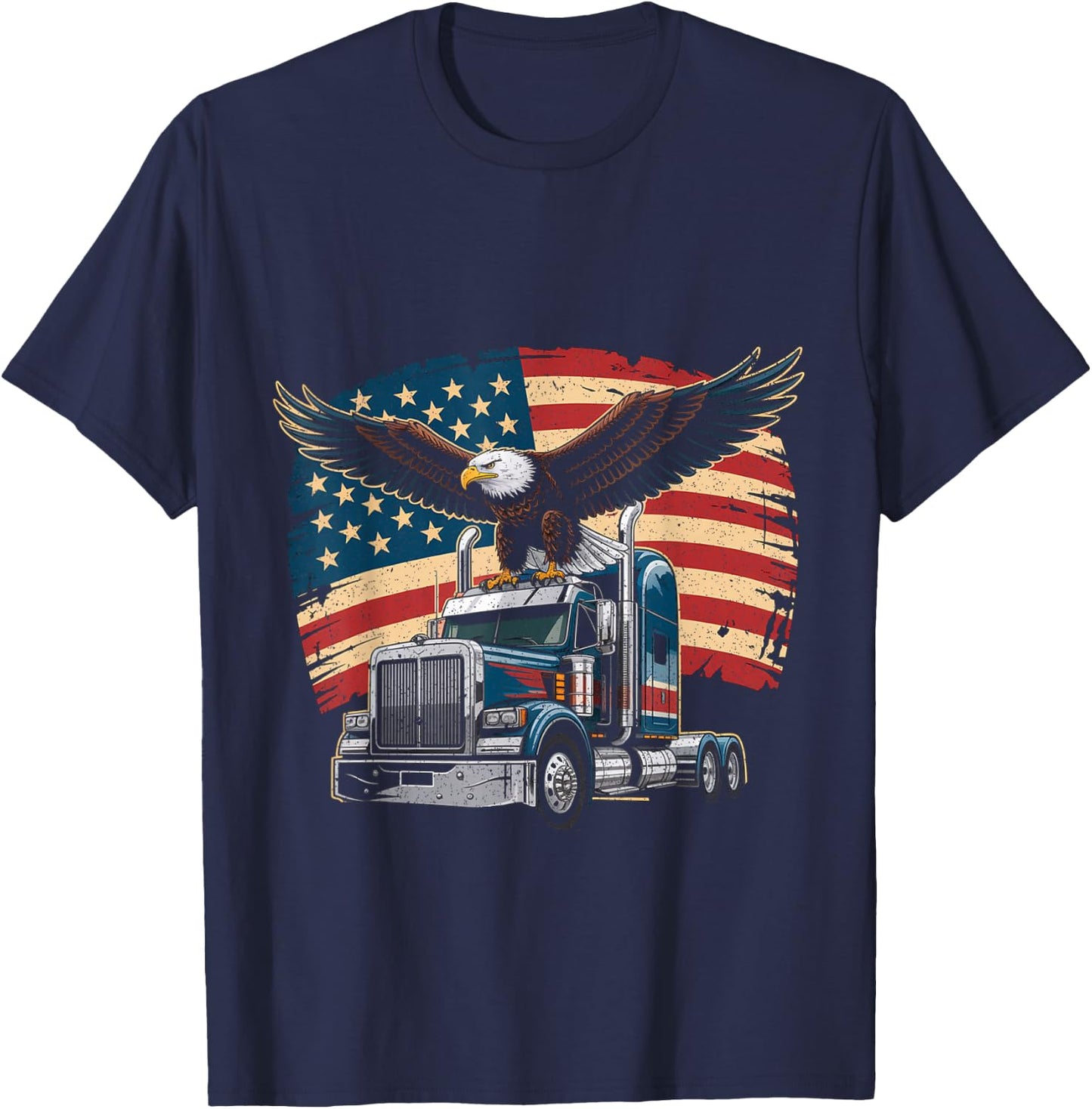 Trucker Patriotic American Flag Semi Truck Driver Eagle T-Shirt - T-Shirt | Navy