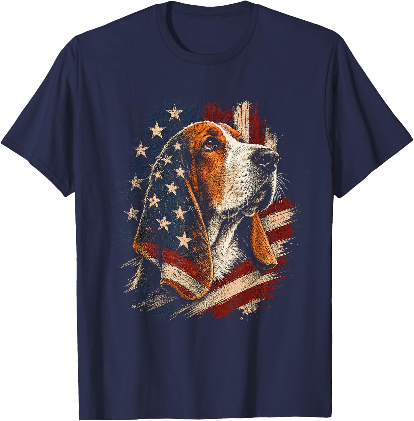 American Flag Basset Hound Artwork Design T-Shirt - T-Shirt | Navy