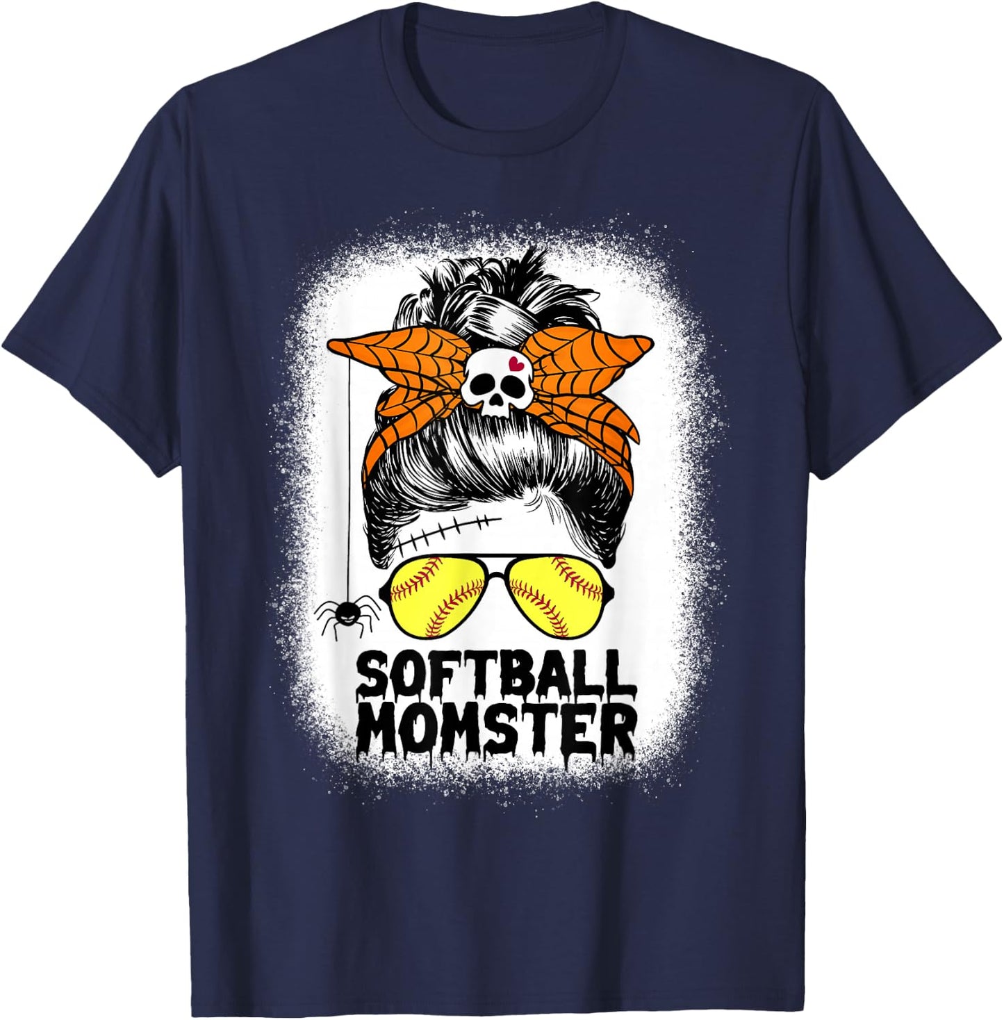 Softball Mom Life Messy Bun Halloween Women Softball Momster T-Shirt - T-Shirt | Navy