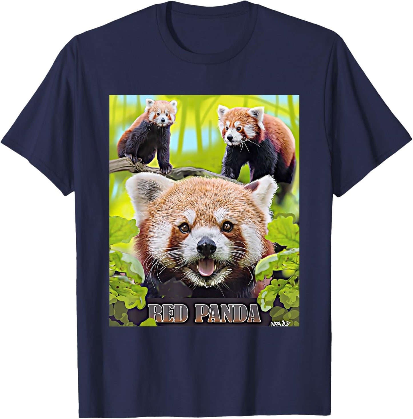 Cute Red Panda In The Wild Montage Illustrated T-Shirt - T-Shirt | Navy