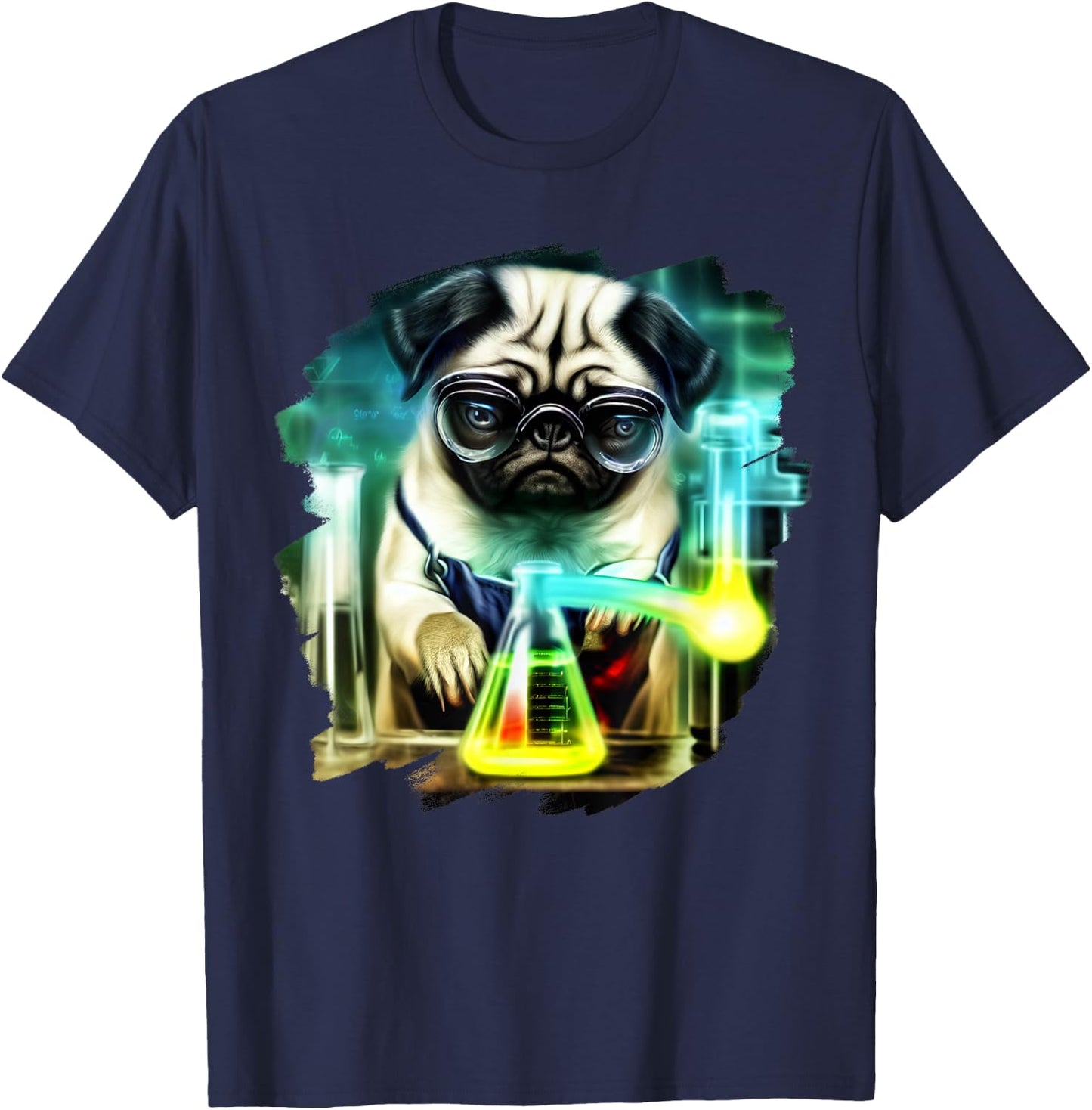 Pug Mad Scientist Dog Mixing Chemicals Chemistry Science T-Shirt - T-Shirt | Navy