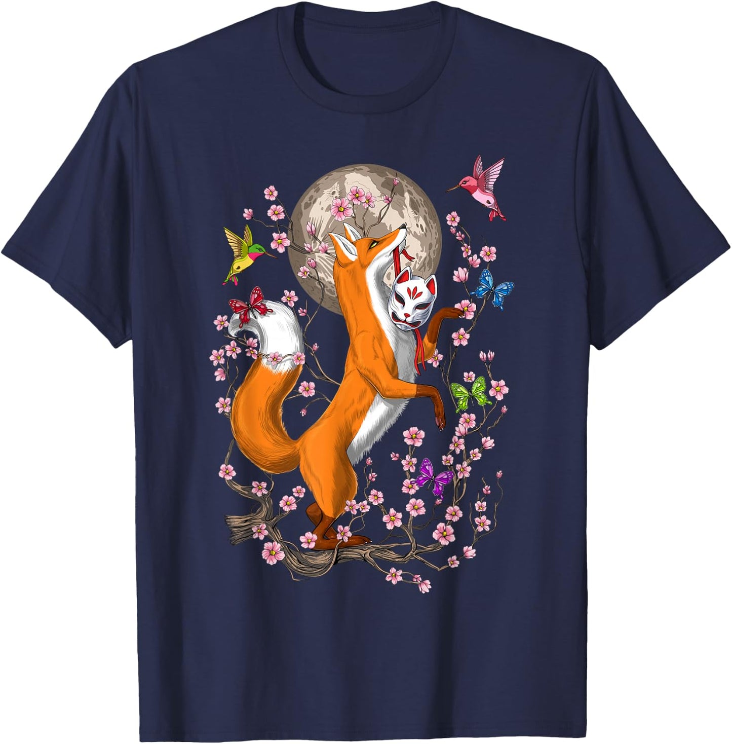 Japanese Fox Kitsune Nine Tailed Fox Cherry Blossom Small T-Shirt - T-Shirt | Navy