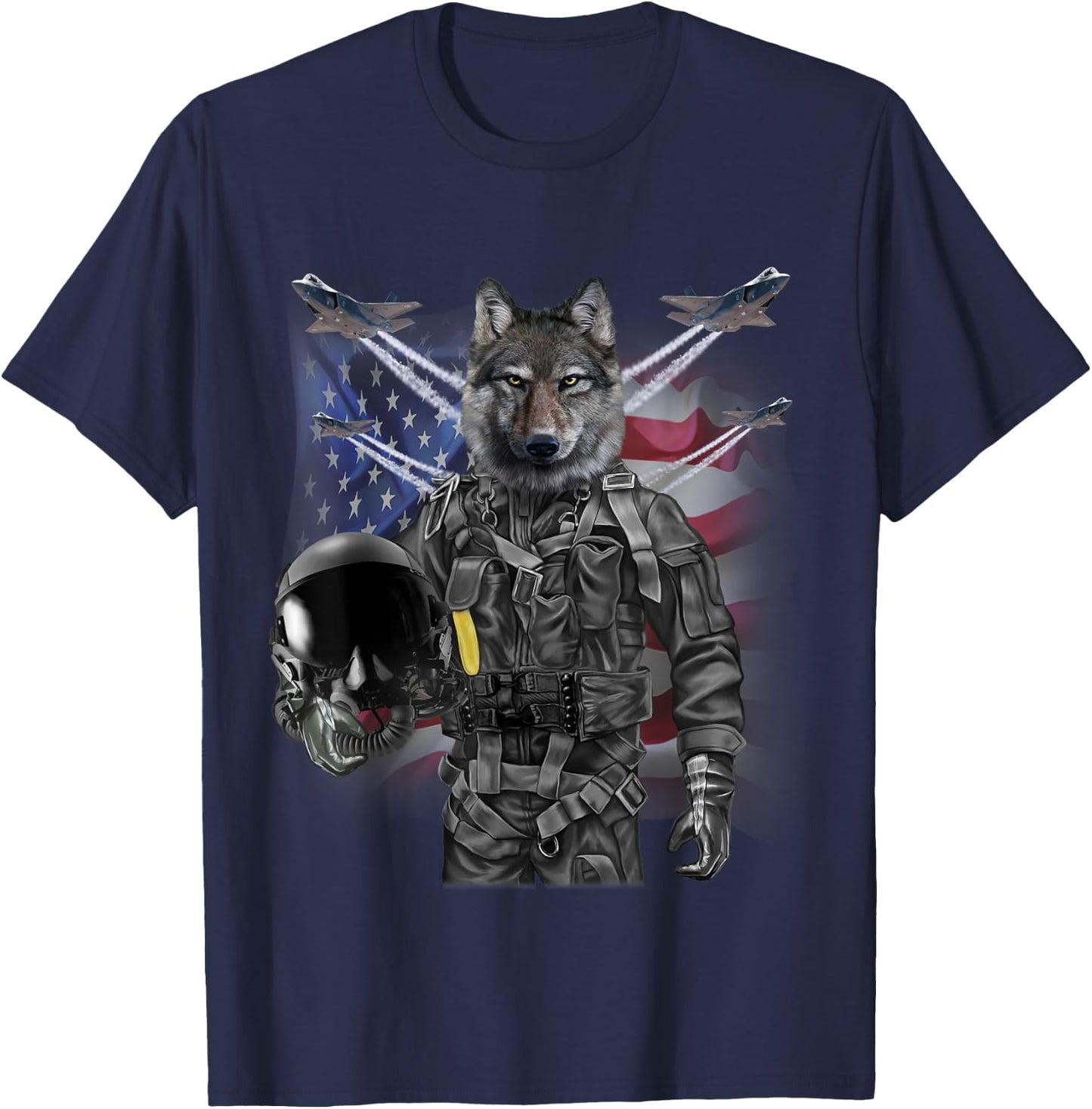 Patriotic Wolf Fighter Pilot American Flag Military T-Shirt - T-Shirt | Navy