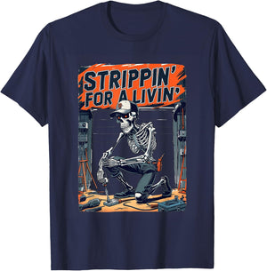 Strippin’ For A Livin’ Funny Skeleton Electrician Humor T-Shirt - T-Shirt | Navy