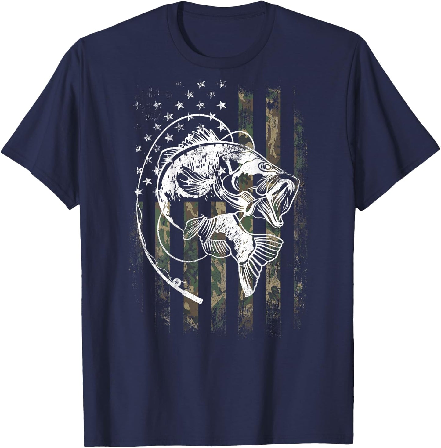Bass Fish Fishing Camouflage Flag Funny Fisherman (on back) T-Shirt - T-Shirt | Navy