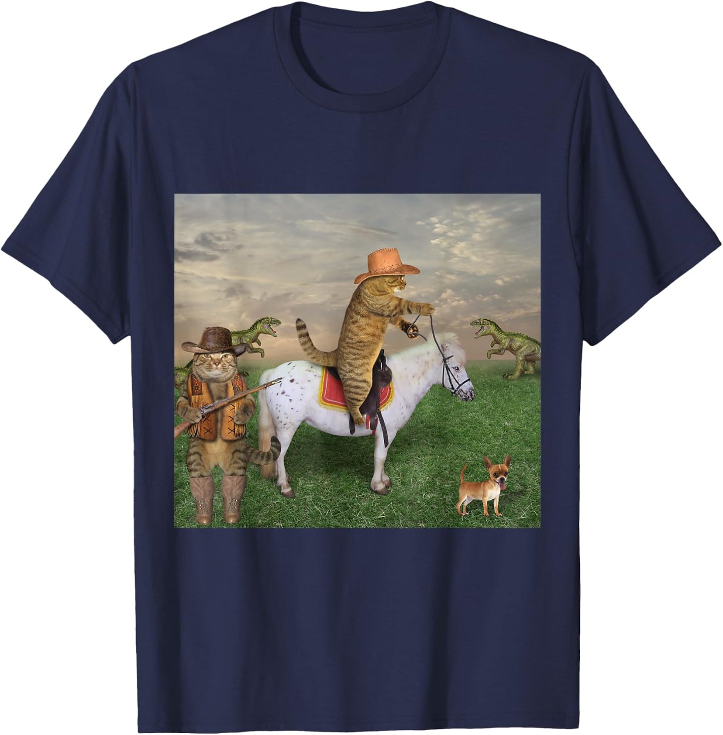 Cat on a Horse in a Cowboy Hat Dinosaurs in Background Funny T-Shirt - T-Shirt | Navy