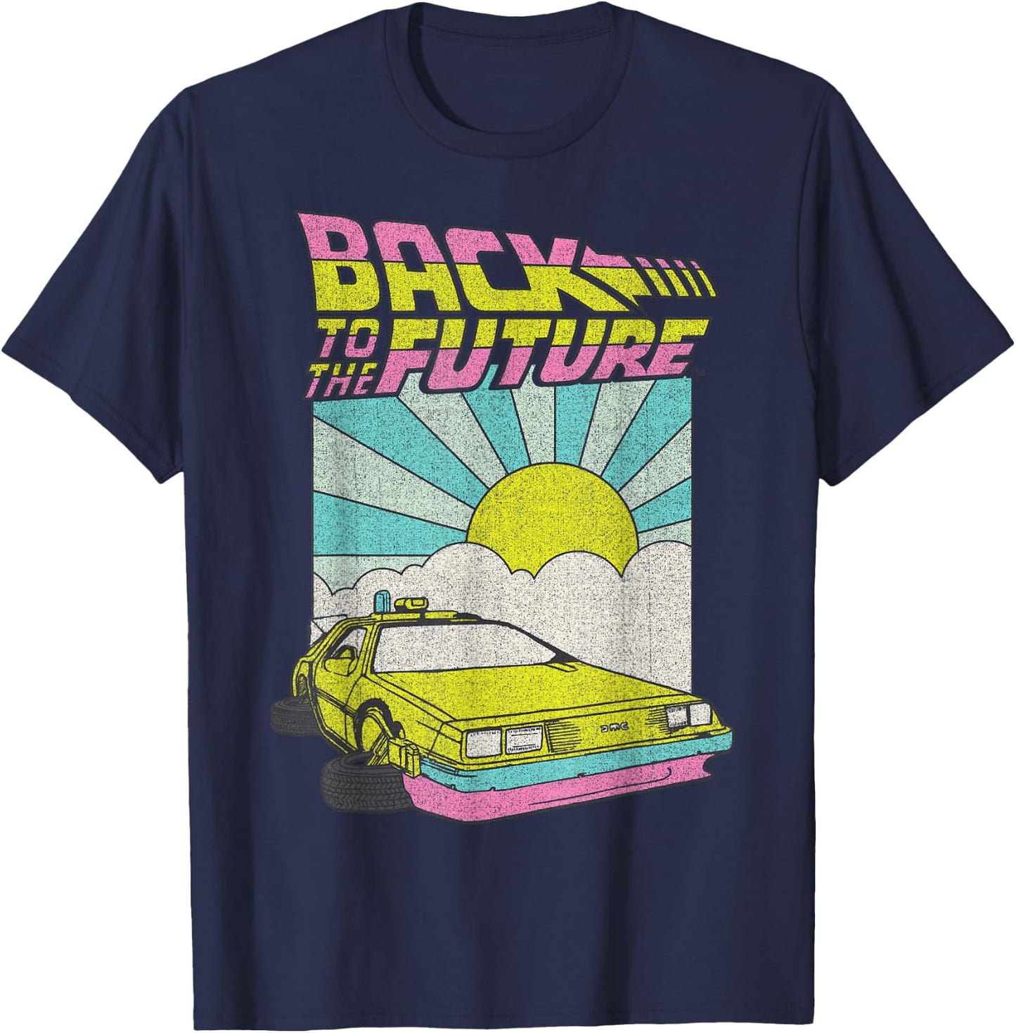 Back to The Future Delorean Sunrise Cartoon Small T-Shirt - T-Shirt | Navy
