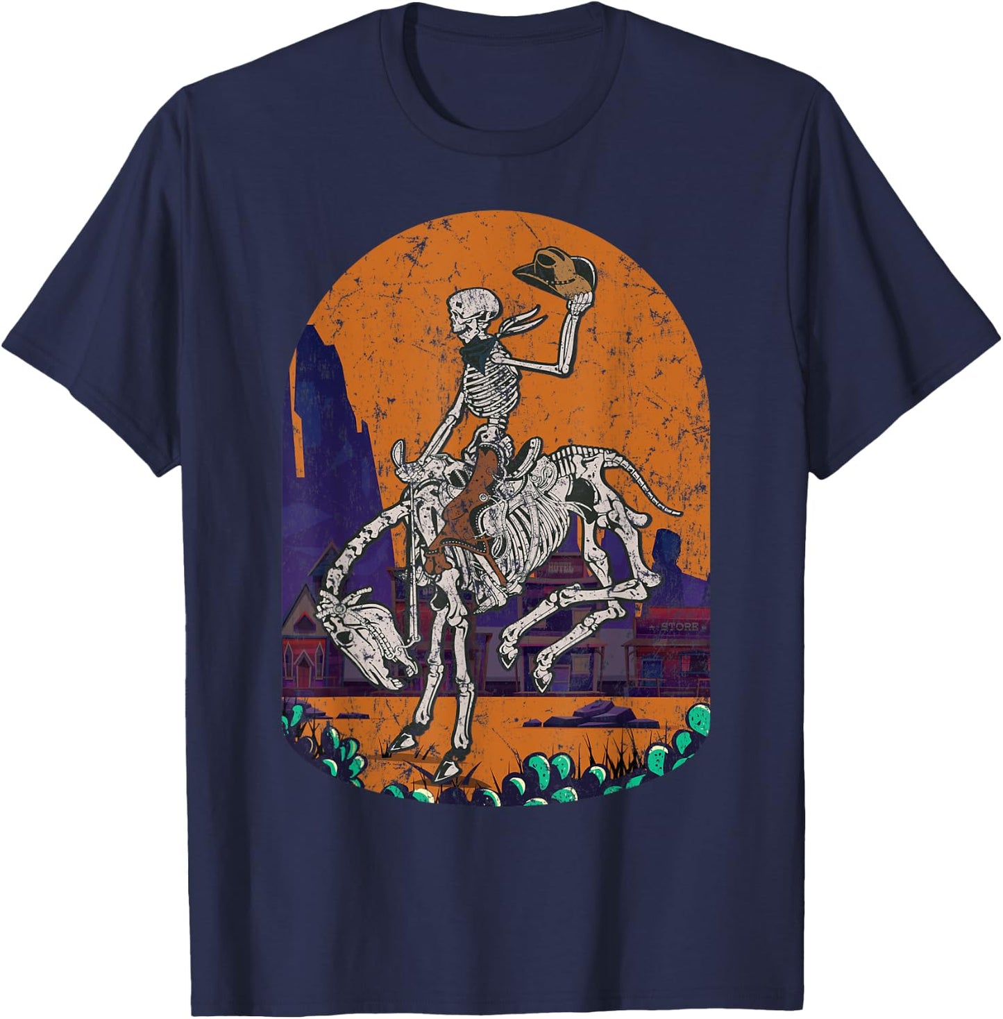 Western Country Cowgirl Cowboy Skeleton Halloween Spooky T-Shirt - T-Shirt | Navy