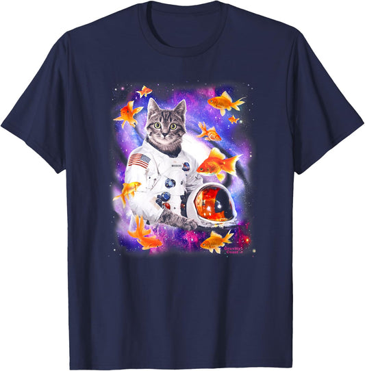 Cat Lost in Space Funny Shirt with Rainbow Nyan Meow Kitty T-Shirt - T-Shirt | Navy