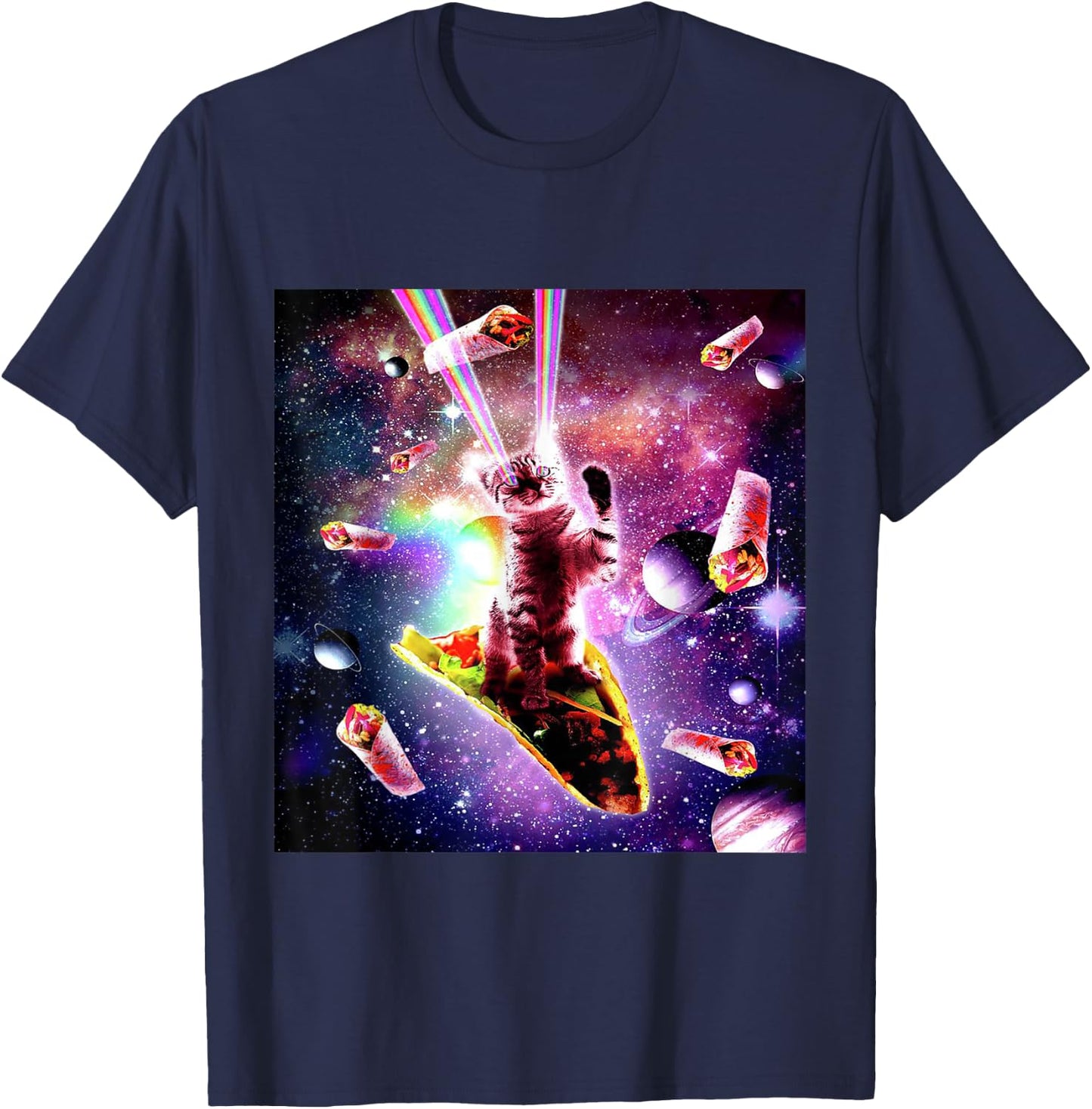 Space Cat Laser Eyes Burrito Taco Rainbow Galaxy Meme Gift Women Kids T-Shirt - T-Shirt | Navy